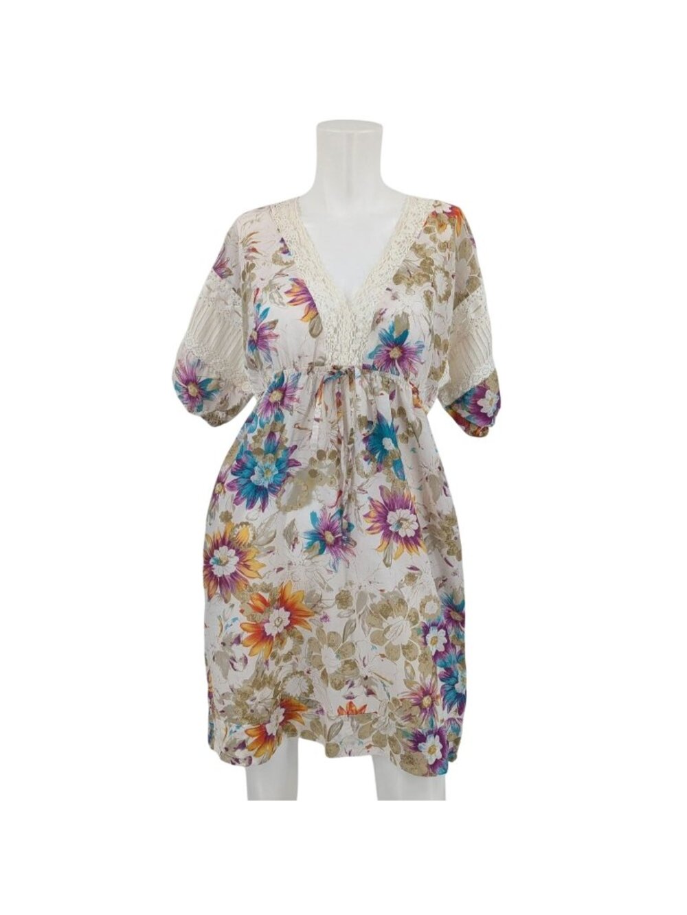 Floral Lace Crochet Tunic Dress Puff Sleeve Cottage Lightweight Fairy Babydoll 8